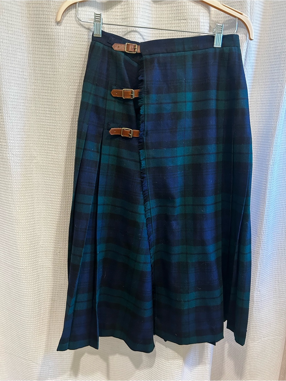 Vintage Ralph Lauren Blackwatch Plaid Midi Wrap Skirt with Buckle Straps - Picture 2 of 5